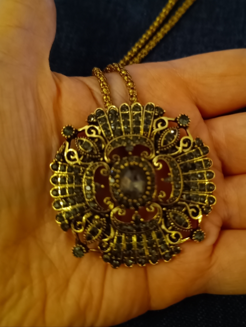 Vintage-Style Gold Filigree Pendant Necklace with Black Stones 24 In Total
